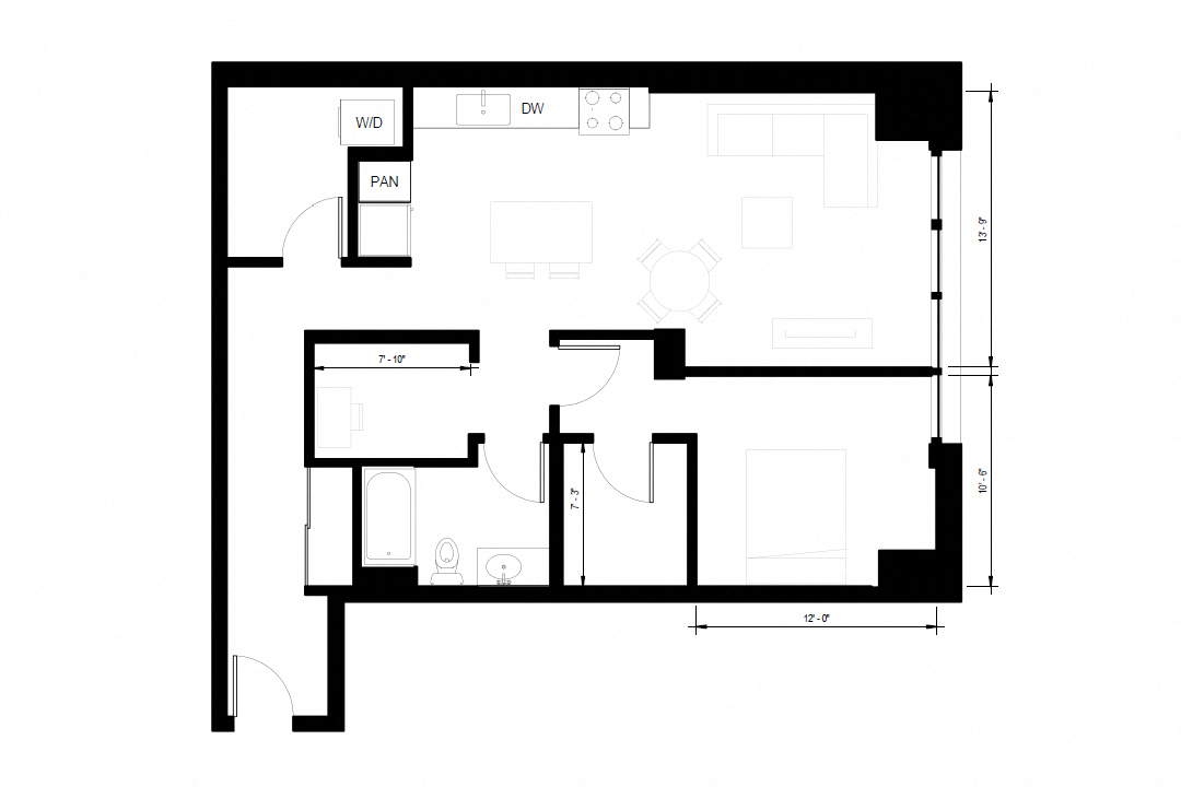 Floor plan for 1 bed, 1 bath, 1009 sqft